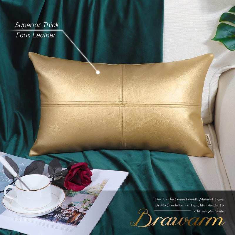 BRAWARM Faux Leather Throw Pillow Covers 12 X 20 Inches, Gold Leather Pillow Cover, Hand Stitched Leather Decorative Lumbar Pillow Cover for Couch Sofa Bed Living Room Home Garden - Image 2